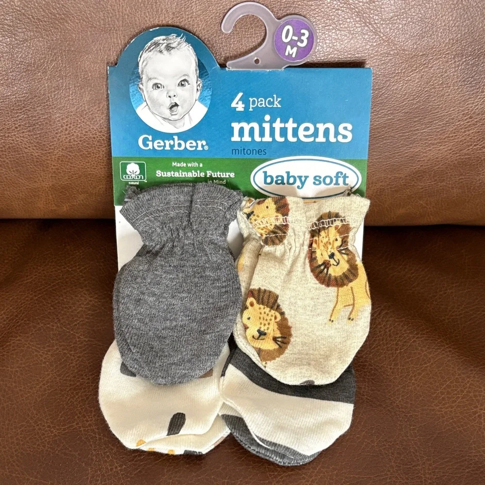 Gerber 0-3M Gray and Cream Baby Mittens 4-Pack